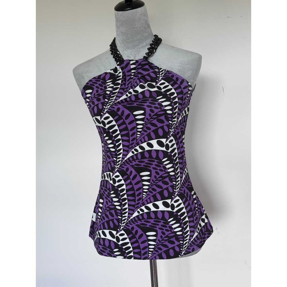 INC International Concepts Purple Geometric Print Halter Top Black Chain Neck M